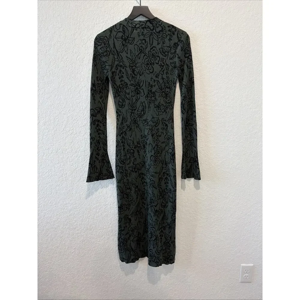 Jason Wu Collective Dark Green Black Floral Midi Maxi Button Front Dress Medium